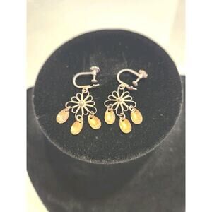 Vtg Norwegian Wedding Solje Sterling Silver Dangle Earrings Filigree Flower